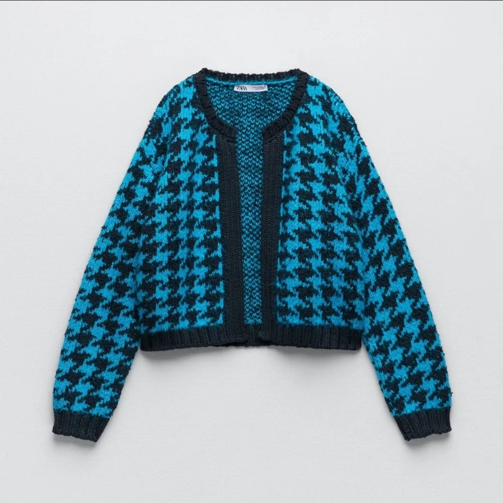 ZARA 80s 90s jacquard retro blue black houndstooth cardigan cropped sweater NWT